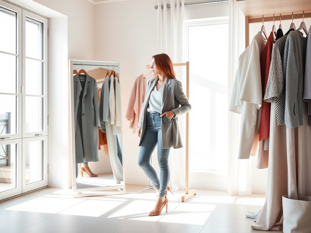 Een vrouw in een trendy outfit staat voor een spiegel in een lichte, stijlvolle kledingruimte met kleding aan een rek.