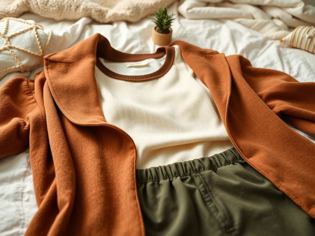 Een casual outfit met een oranje jasje, een witte top en een groene broek, gelegen op een bed.