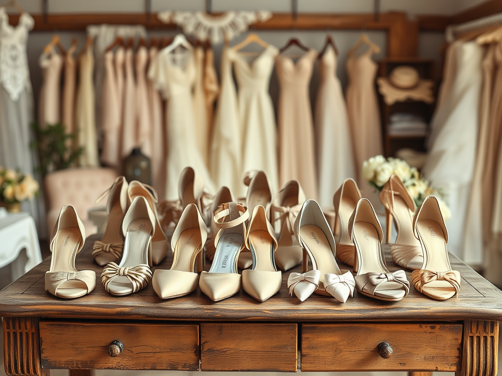 Een tafel met verschillende elegante schoenen en een achtergrond van bruidsjurken in zachte kleuren.