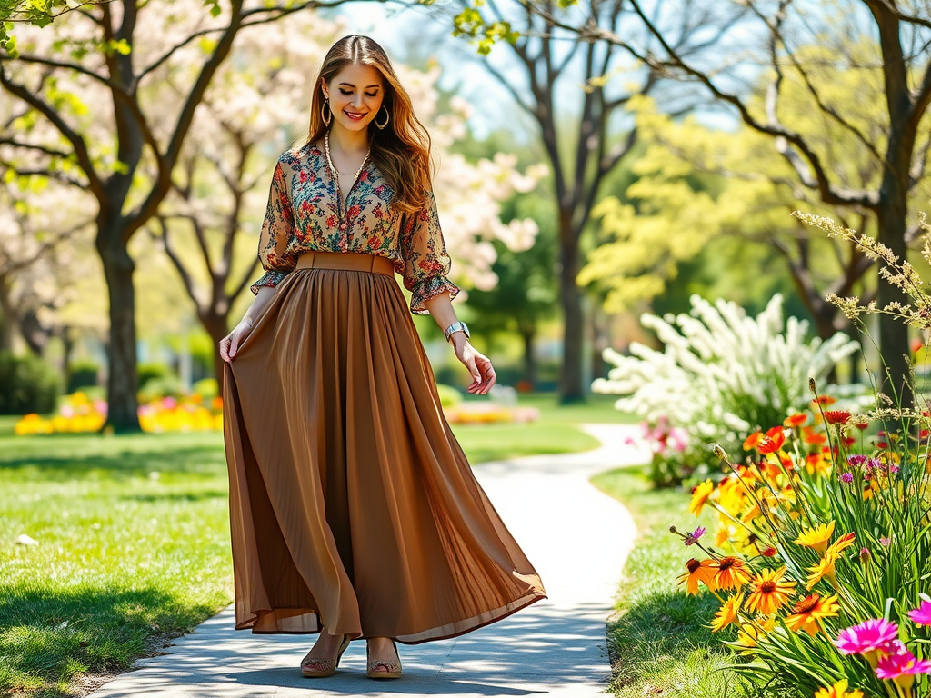 Een vrouw in een bloemenblouse en lange rok loopt op een pad omringd door kleurrijke bloemen in een park.