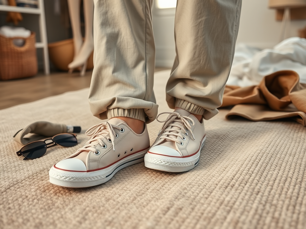 Een close-up van een paar beige sneakers met witte en rode details, gedragen met beige joggers. Zonnescholen en kleding liggen erbij.