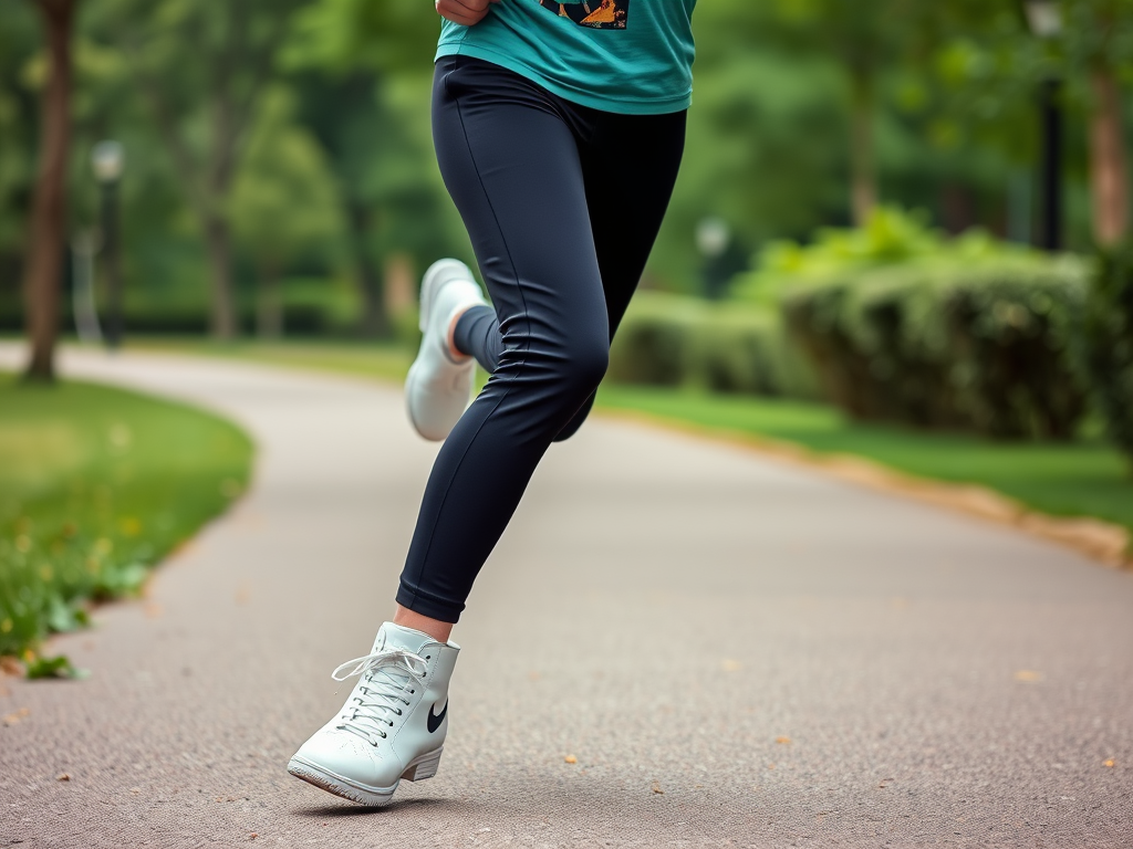 Een persoon jogt op een pad in een park, gekleed in een blauw shirt en zwarte leggings, met witte sneakers aan.