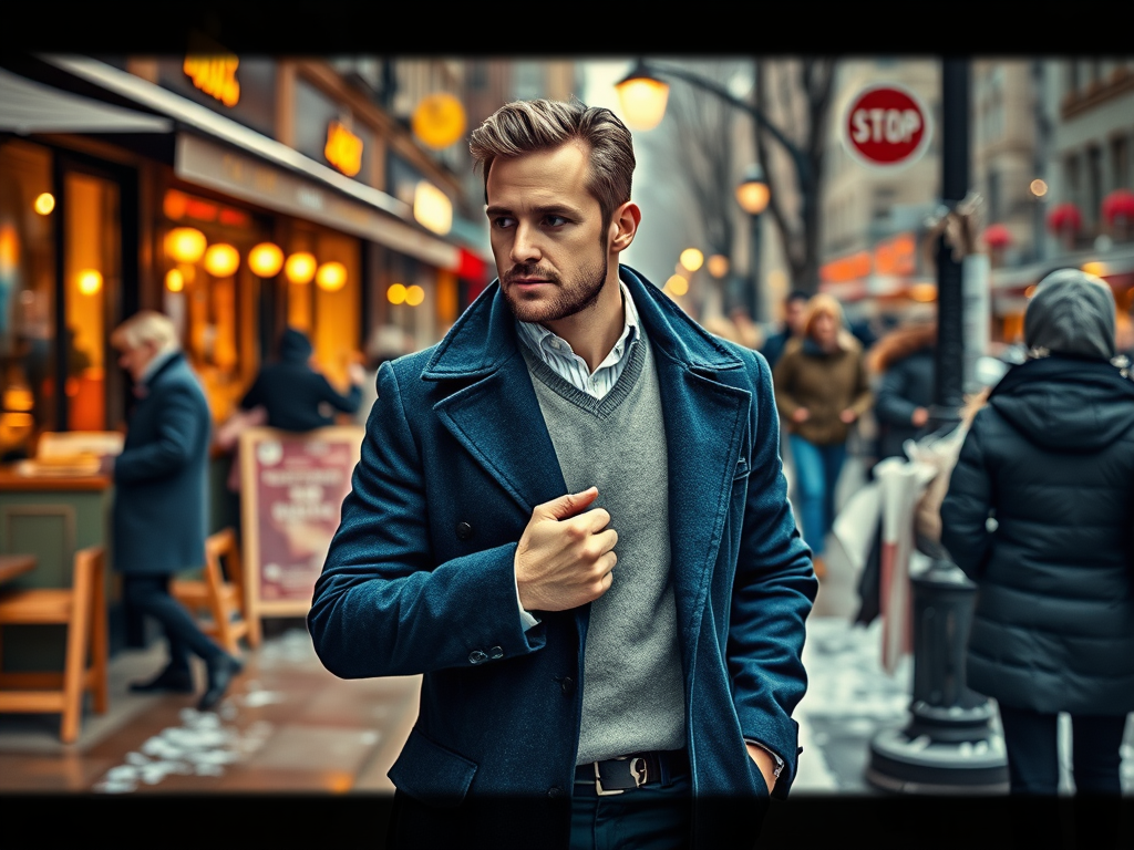 Een man in een blauwe jas loopt door een drukke straat met restaurants en winkels in de winter.