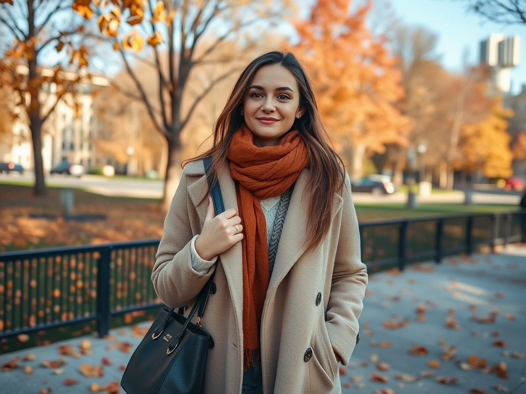 Een vrouw in een beige jas en oranje sjaal poseert glimlachend in een herfstlandschap met kleurrijke bladeren.